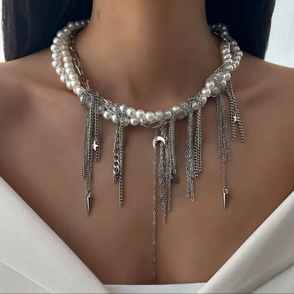 White Pearl & Silver Chain Punk Statement Necklace