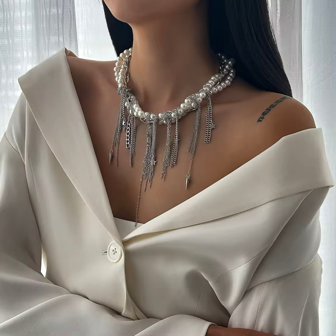 White Pearl & Silver Chain Punk Statement Necklace