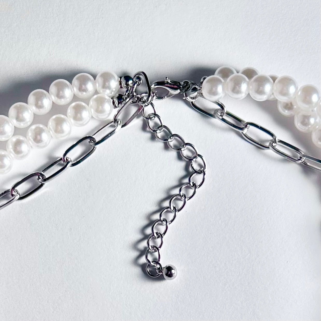 White Pearl & Silver Chain Punk Statement Necklace