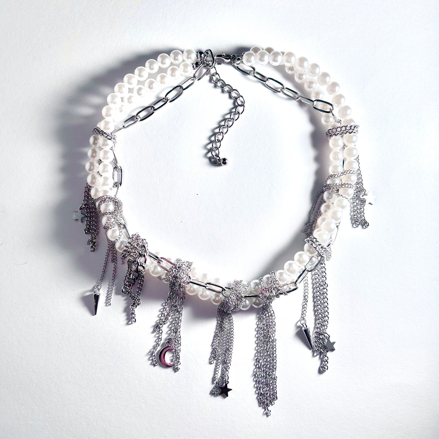White Pearl & Silver Chain Punk Statement Necklace