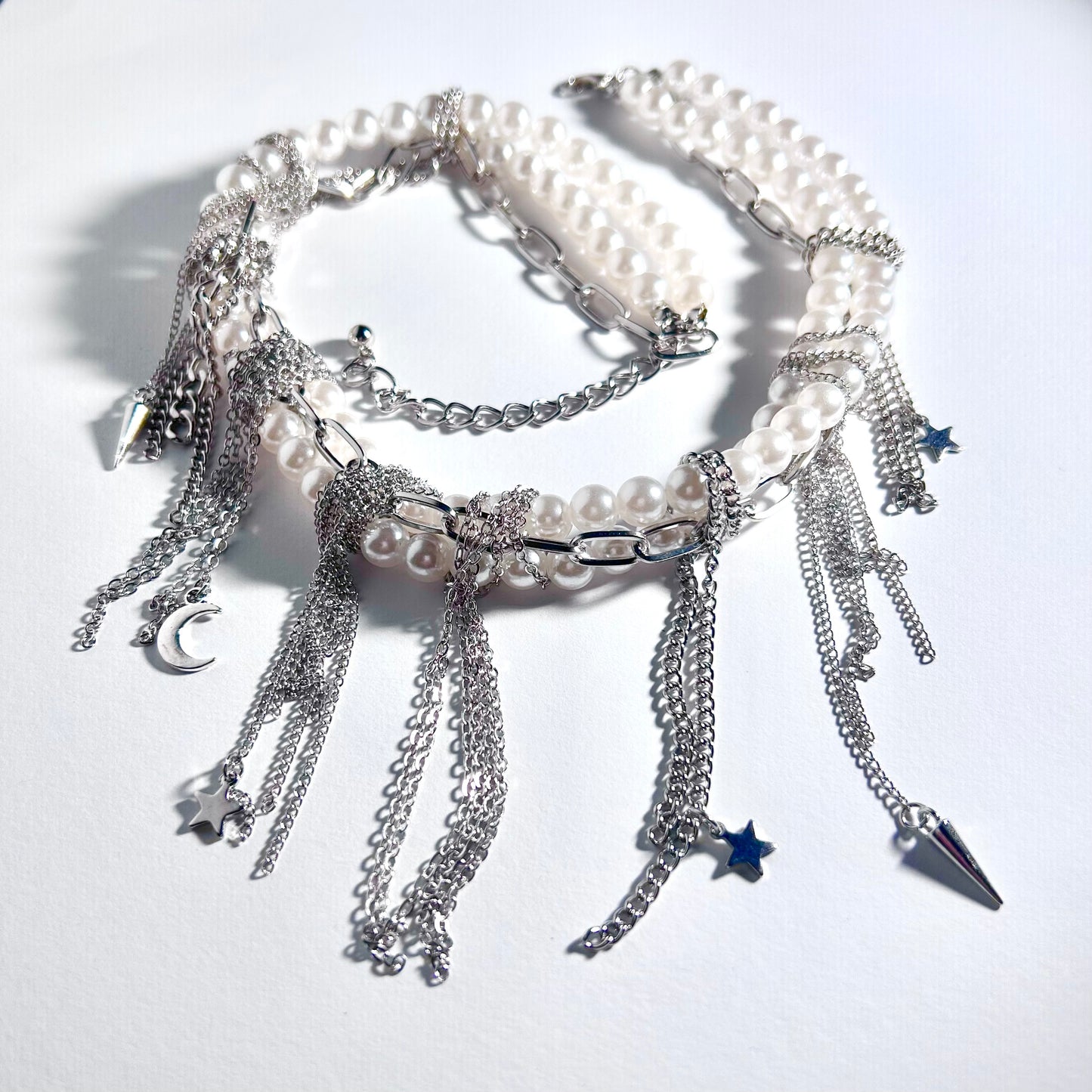 White Pearl & Silver Chain Punk Statement Necklace