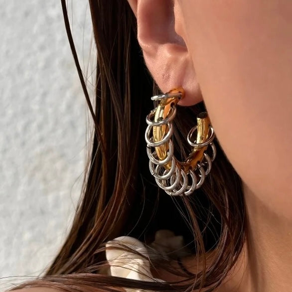 Pierced Hoop Creole Silver & Gold Punk Earrings
